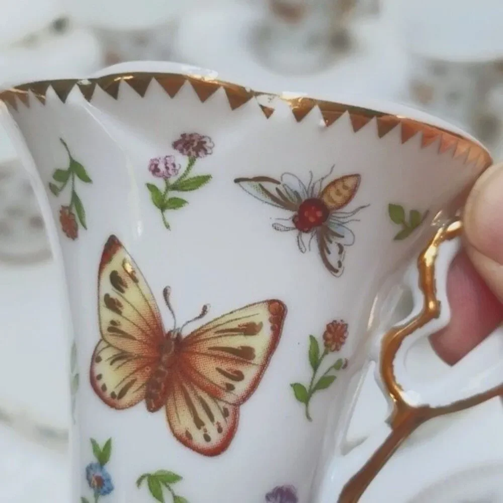 Porcelain Demitasse Teacups Saucers Butterflies (6) ITALIAN DESIGN CERAMICS vtg